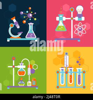 Set di icone piatte decorative per chimica con analisi di laboratorio e attrezzature di ricerca, illustrazione vettoriale isolata Illustrazione Vettoriale