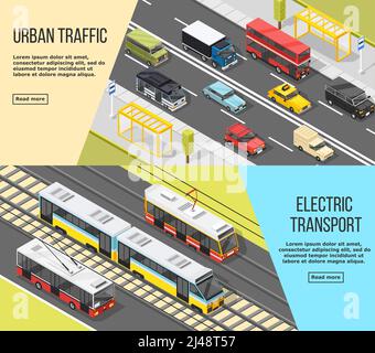 Set di due striscioni per trasporto orizzontale con immagini isometriche di illustrazione vettoriale dei veicoli per il trasporto elettrico e per il traffico urbano Illustrazione Vettoriale