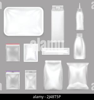 Confezione di alimenti colorati in bianco, set di icone realistiche con chiusura a zip illustrazione vettoriale dei sacchetti di diverse dimensioni Illustrazione Vettoriale