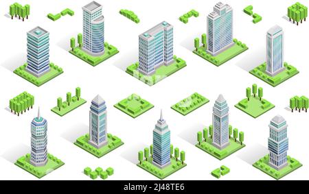 La città ospita composizione isometrica con grattacieli isolati illustrazione vettoriale Illustrazione Vettoriale