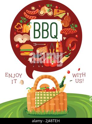 BBQ picnic invito poster piatto con barbecue accessori icone e. cestino su prato verde fresco illustrazione vettoriale Illustrazione Vettoriale