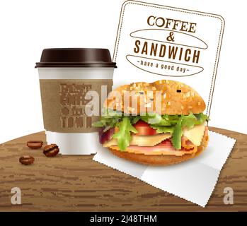 Fast food, pranzo, menu colazione, poster pubblicitario realistico con take-away caffè e delizioso formaggio prosciutto panino illustrazione vettoriale Illustrazione Vettoriale