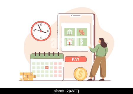Calendario dei pagamenti mensili forfettari. Donna con il programma di pagamento pagare denaro per tasso di interesse, tasse, capitale e fatture finanziarie per periodo mese. Promemoria del giorno di stipendio. Data di scadenza del debito, prestito, affitto casa Illustrazione Vettoriale
