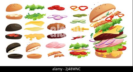 Set di ingredienti per hamburger: Panini, peperoncino, pomodoro, formaggio, pancetta, Cetriolo, carne, cipolla, ketchup patate fritte alla francese e insalata spazzatura fast food Cartoon vecto Illustrazione Vettoriale