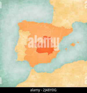 Castilla-la Mancha (Spagna) sulla mappa della penisola iberica in morbido grunge e vintage stile su carta vecchia. Foto Stock