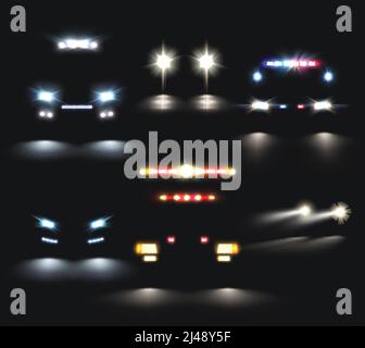 Set di luci per auto con immagini realistiche di fari e barre luminose e composizioni di sagome di auto illustrazione vettoriale Illustrazione Vettoriale