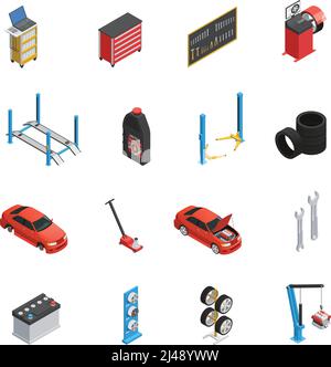 Icone isometriche per la manutenzione automatica dell'auto impostate con attrezzi per attrezzature da officina auto parts olio motore isolato illustrazione vettoriale Illustrazione Vettoriale