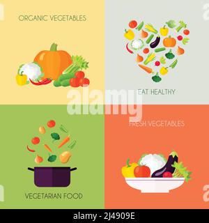 Verdure piatte icone insieme con cibo fresco vegetariano biologico sano mangiare illustrazione vettoriale isolata Illustrazione Vettoriale