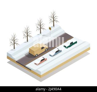 Strada invernale con camion di guida pick-up e auto parcheggiate a. illustrazione vettoriale della composizione isometrica del manto stradale sotto la neve Illustrazione Vettoriale