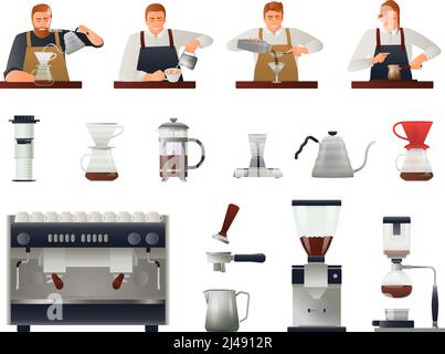 Set di gradienti per baristi e macchine da caffè con chicchi di caffè piatti illustrazione vettoriale isolata Illustrazione Vettoriale