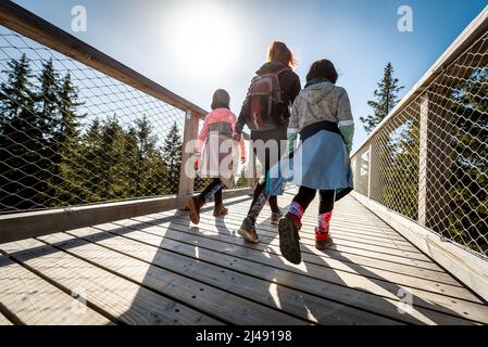Camminata attiva in famiglia, escursioni nella natura su un sentiero in legno Treetop in inverno. Famiglia con bambini che cammina sulle cime degli alberi di montagna sul ponte pedonale del balcone di legno o Foto Stock