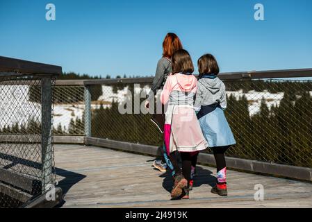 Camminata attiva in famiglia, escursioni nella natura su un sentiero in legno Treetop in inverno. Famiglia con bambini che cammina sulle cime degli alberi di montagna sul ponte pedonale del balcone di legno o Foto Stock