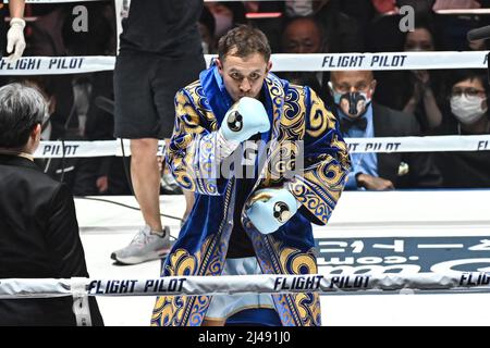 Gennadiy Golovkin del Kazakhstan ha preceduto il campionato di boxe WBA/IBF contro Ryota Murata del Giappone alla Saitama Super Arena di Saitama, Giappone, il 9 aprile 2022. Credit: Hiroaki Finito Yamaguchi/AFLO/Alamy Live News Foto Stock