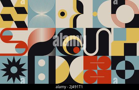 Opere d'arte astratte ispirate a Bauhaus realizzate con elementi vettoriali e forme geometriche audaci per poster, copertina, arte, presentazione, stampe, tessuto, wal Illustrazione Vettoriale