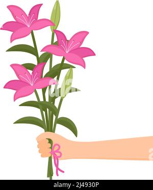 Mano che tiene un bel bouquet di fiori. Bouquet di gigli. Illustrazione vettoriale Illustrazione Vettoriale