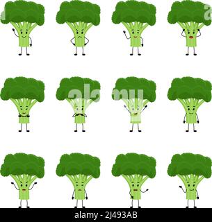 Broccoli. Carino personaggi vegetali con diverse emozioni, illustrazione vettoriale Illustrazione Vettoriale