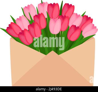Bouquet di tulipani primaverili in busta. Giornata internazionale della donna. Buon giorno di madre. Illustrazione vettoriale Illustrazione Vettoriale