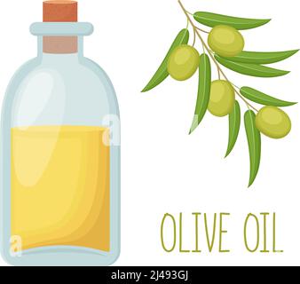 Bottiglia di olio d'oliva e ramo d'oliva, illustrazione vettoriale Illustrazione Vettoriale