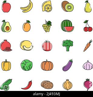 Set di icone a linea di colore di verdure, frutta e bacche su sfondo bianco, illustrazione vettoriale Illustrazione Vettoriale