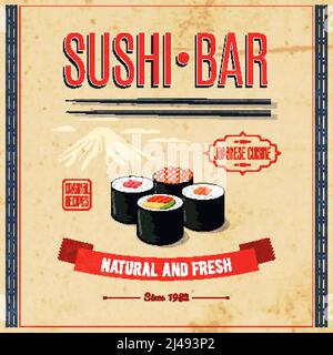 Cucina asiatica sushi bar naturale e fresco giapponese poster di cucina illustrazione vettoriale Illustrazione Vettoriale