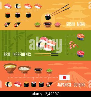 Striscioni di cibo Asiatico con il menu di sushi, i migliori ingredienti della cucina giapponese illustrazione vettoriale isolata Illustrazione Vettoriale