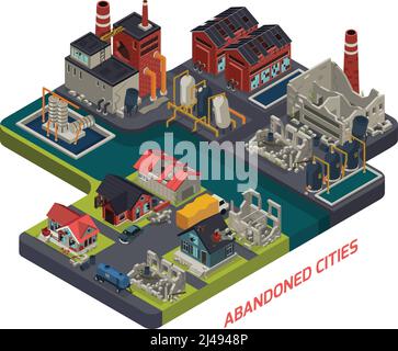 Città abbandonate composizione isometrica con case abitate desolate che sbriciola fabbrica illustrazione vettoriale di edifici e infrastrutture fatiscenti Illustrazione Vettoriale