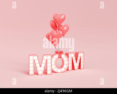 Lettere mom con luci LED incandescenti e un mucchio di palloncini rossi a forma di cuore disposti su sfondo rosa durante la festa della mamma. 3d rendering Foto Stock