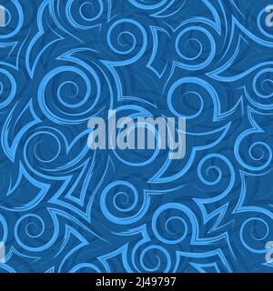 Modello vettoriale senza cuciture di spirali blu e strisce fluide. Motivo vettoriale senza giunture di onde a spirale blu e vortici. Illustrazione Vettoriale