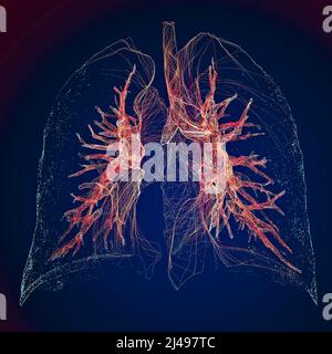 Respiro corto, difficoltà respiratoria, dispnea acuta e cronica. Sintomi e diagnosi. Radiografia dei polmoni. Polmonite. 3d rendering. Anatomia umana Foto Stock