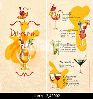 Ristorante bar cocktail di vino e bevande alcoliche menu sketch vettore illustrazione Illustrazione Vettoriale