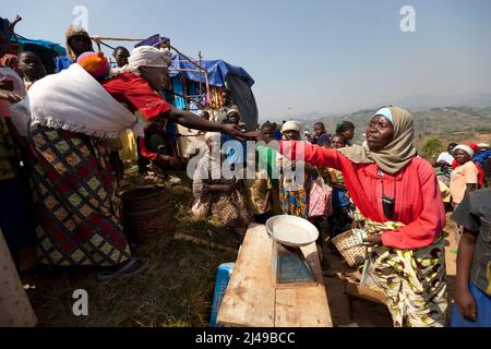 Zainab Nyirazirwanda, 45 anni, vedova il cui marito morì nel 1994. Ha due figli, Shadia Nzayisenga, figlia, 20 e figlio Issa Tuzimana, 17 e nipote, Maniraguha, 2. Prima del programma la sua agricoltura ha prodotto molto poco. Ora dai proventi della sua agricoltura ha comprato una mucca, polli, capre. Ha comprato terra per coltivare mais e vende sale e olio di palma nel mercato. Ha comprato un telefono cellulare e invia suo figlio alla scuola secondaria. Fotografia di Mike Goldwater Foto Stock