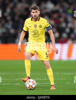 Jorginho del Chelsea FC durante la partita della UEFA Champions League, Quarter Final, seconda tappa, tra il Real Madrid e il Chelsea FC disputata allo stadio Santiago Bernabeu il 12 aprile 2022 a Madrid, Spagna. (Foto di Colas Buera / PRESSINPHOTO) Foto Stock