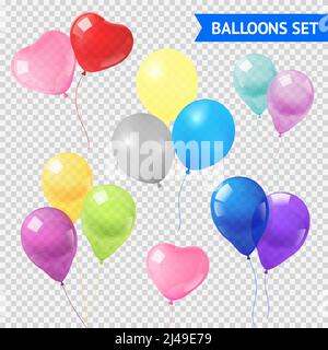 Palloncini d'aria in diverse forme e colori realistici impostato su immagine vettoriale isolata con sfondo trasparente Illustrazione Vettoriale