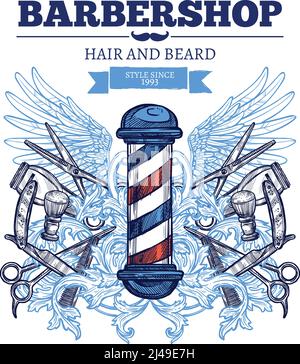 Barbiere negozio di capelli barba rifilatura tradizionale e alla moda per uomo poster pubblicità piatto astratto illustrazione vettoriale Illustrazione Vettoriale