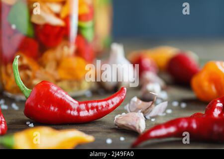 Peperone Cyklon con varietà di altri peperoni piccanti e spicchi d'aglio di fronte a un vasetto di salsa calda fermentante. Sfondo sfocato. Foto Stock