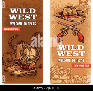 Striscioni verticali occidentali selvaggi con accessori da cowboy e pistole incrociate sullo sfondo del modello illustrazione vettoriale disegnata a mano Illustrazione Vettoriale