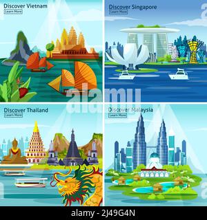 Concetto di design 2x2 per viaggi asiatici con vietnam thailandia singapore e. malesia colorful paesaggio composizioni flat vettore illustrazione Illustrazione Vettoriale