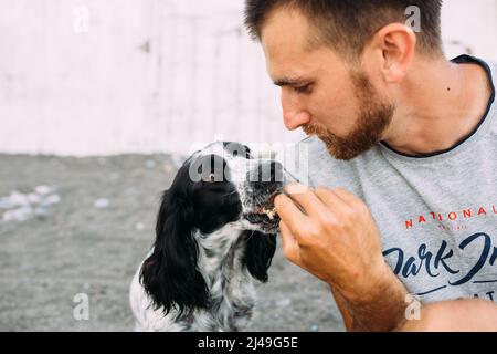 Felice proprietario di russo cocker spaniel cane, responsabilità di prendersi cura di animali domestici Foto Stock