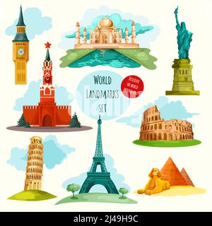 Icone decorative dei monumenti storici del mondo con il grande ben della torre eiffel illustrazione vettoriale isolata del colosseo Illustrazione Vettoriale