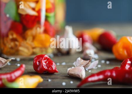 Habanero pepe con varietà di altri peperoni piccanti e spicchi d'aglio di fronte a un vasetto di salsa calda fermentante. Sfondo sfocato. Foto Stock