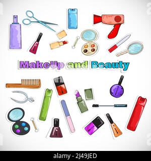 Salone di bellezza cosmetici per il trucco e prodotti per l'igiene Doodles set isolato illustrazione vettoriale Illustrazione Vettoriale