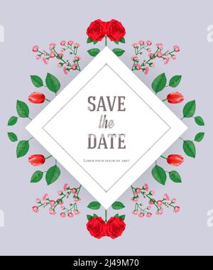 Salvare il modello di disegno della scheda data con fiori e foglie su sfondo grigio. Testo scritto a mano, calligrafia. Concetto di celebrazione. Utilizzabile per inv Illustrazione Vettoriale