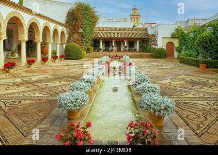 VIANA PALACE GARDENS CORDOBA SPAIN EXTERIOR PATIO GARDEN IL CORTILE DELLE COLONNE CON POZZI DI FIORI E FONTANE Foto Stock