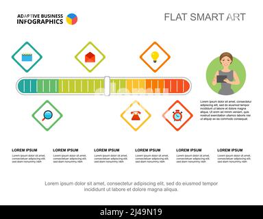 Modello grafico di processo a sei elementi per la presentazione. Illustrazione vettoriale. Elementi astratti di diagramma, grafico. Flusso di lavoro, progresso, pianificazione, attività Illustrazione Vettoriale