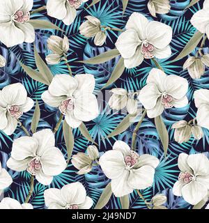 disegno senza giunture di foglie di palma tropicali e fiori di orchidea su uno sfondo scuro, illustrazione botanica acquerello dipinto a mano Foto Stock