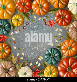 Composizione colorata del giorno del ringraziamento con zucche di diversi colori e dimensioni combinato nell'illustrazione vettoriale dei fotogrammi Illustrazione Vettoriale