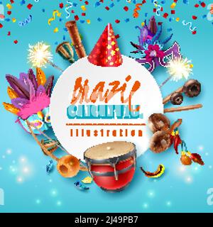 Brasil carnaval celebrazione festiva accessori cornice rotonda con luci scintillanti party cappelli maschere strumenti musicali illustrazione vettoriale Illustrazione Vettoriale