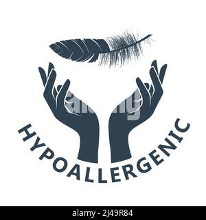 Logo prodotti ipoallergenici testati, etichetta per prodotti dermatologici sicuri, mani e piume, cura della pelle sensibile, vettore Illustrazione Vettoriale