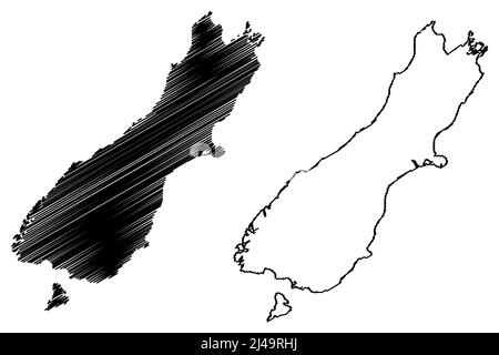 Mappa dell'isola del Sud (Nuova Zelanda) illustrazione vettoriale, schizzo della mappa te Waipounamu Illustrazione Vettoriale