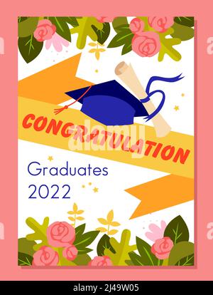 Congratulazioni, laureati 2022, invito biglietto d'auguri con testo per partito prom Illustrazione Vettoriale